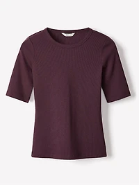 T-Shirt Côtelé à Manches aux Coudes et Col Rond