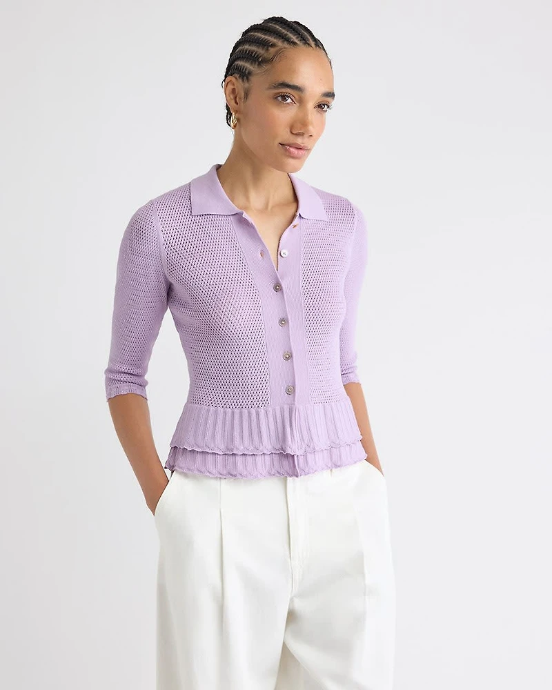 Cardigan à Col Polo et Ourlet Volants