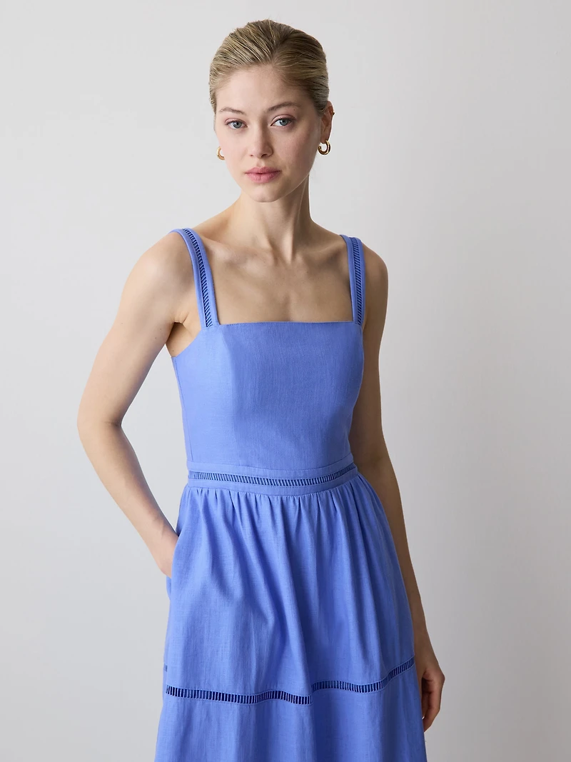 Sleeveless Square-Neck Linen-Blend Midi Dress