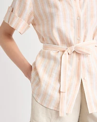 Short-Sleeve Linen-Blend Blouse with Removable Belt
