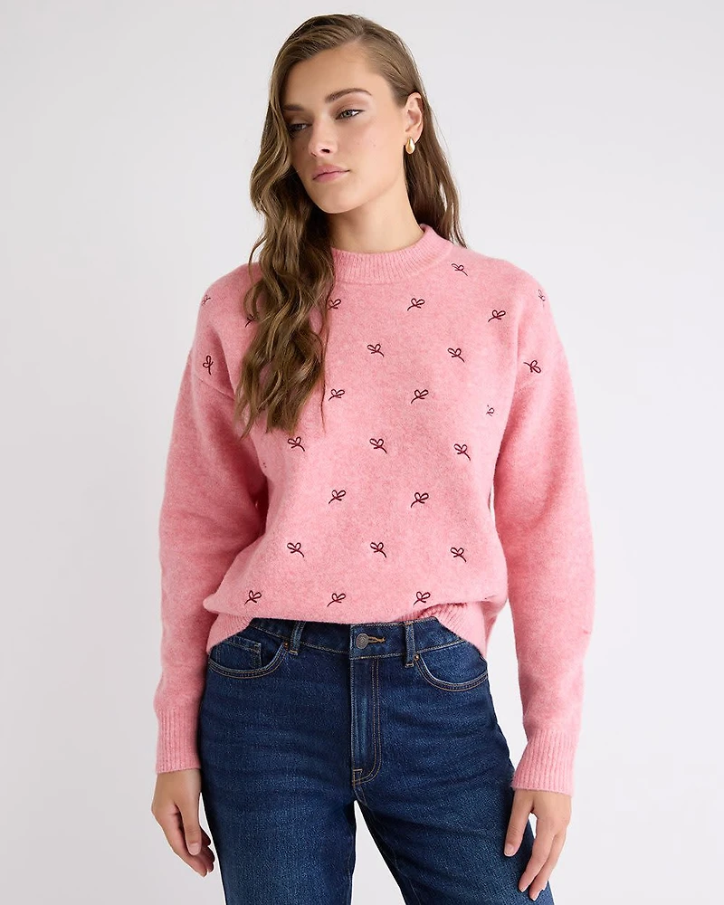 Long-Sleeve Crew-Neck Sweater with Embroidered Pattern
