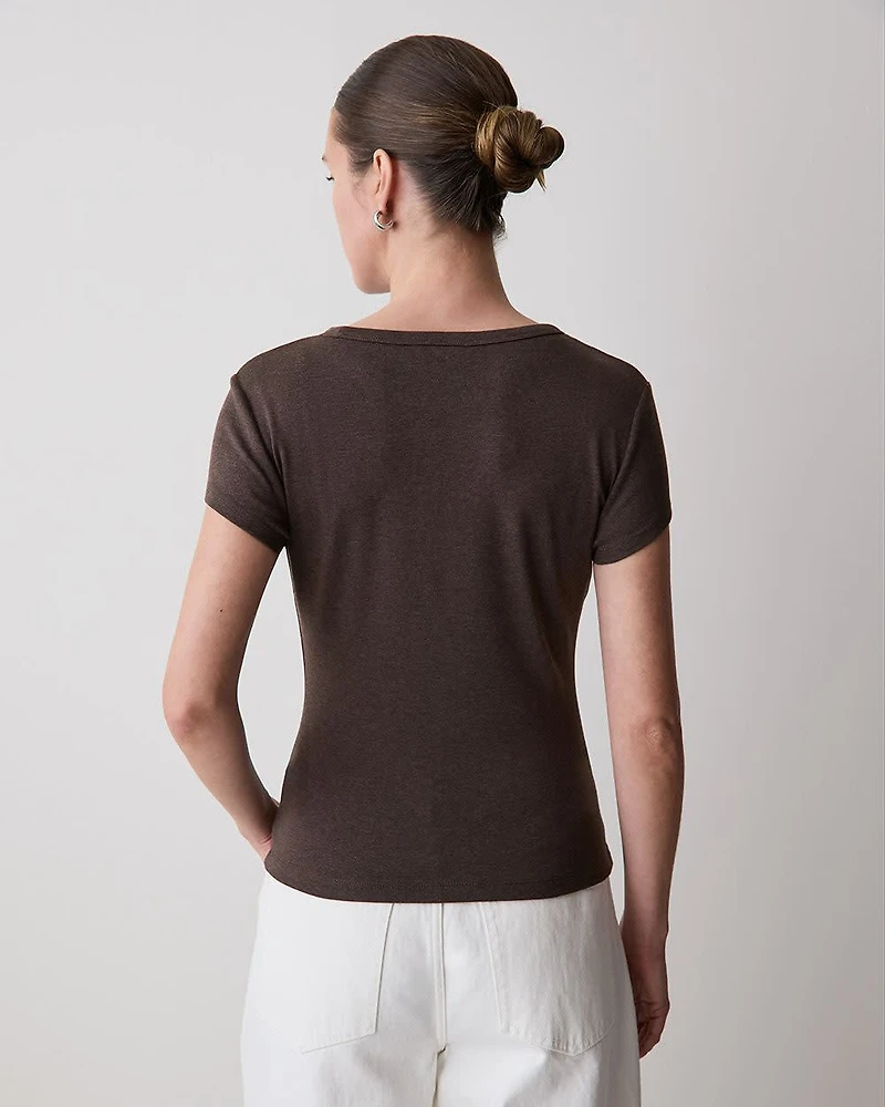 T-Shirt Côtelé à Manches Courtes et Col Rond