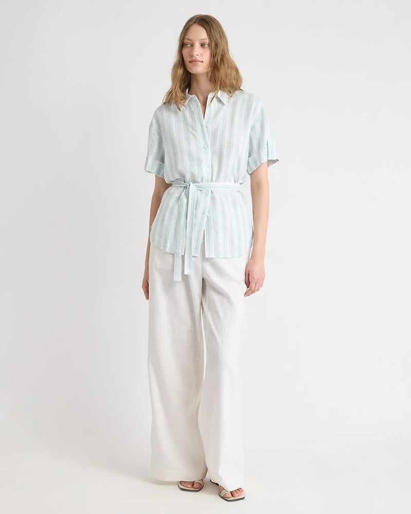 Short-Sleeve Linen-Blend Blouse with Removable Belt