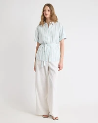 Short-Sleeve Linen-Blend Blouse with Removable Belt
