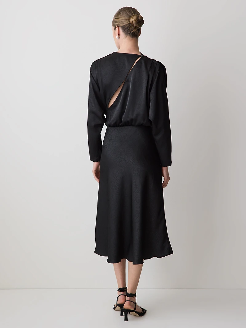 Satin Long-Sleeve Crew-Neck Midi Dress