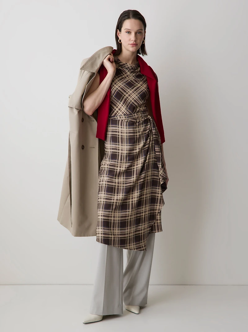 Extended-Sleeve Cowl-Neck Midi Dress with Wrap Detail