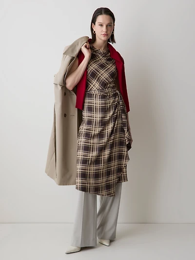 Extended-Sleeve Cowl-Neck Midi Dress with Wrap Detail