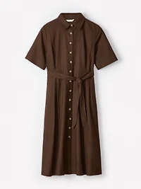 Short-Sleeve Linen-Blend Midi Dress with Shirt Collar