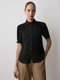 Blouse Boutonnée en Crêpe Soyeux à Manches Courtes