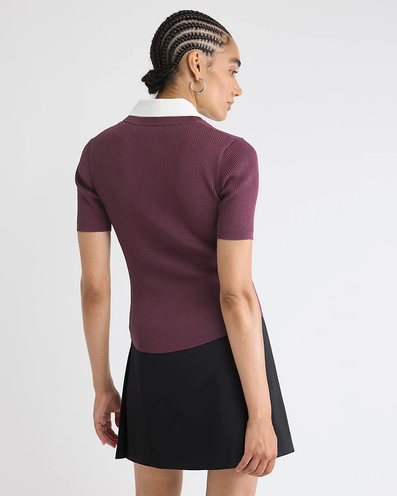 Elbow-Sleeve Ribbed Sweater with Removable Shirt Collar