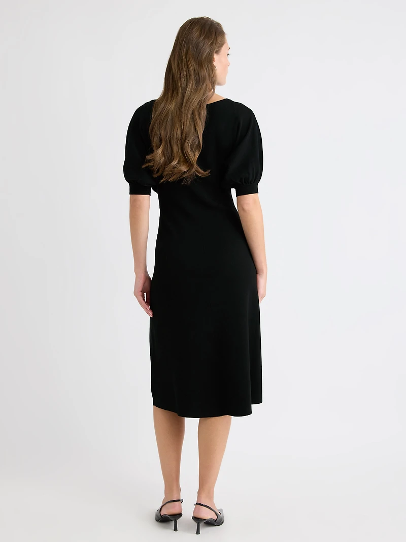 Elbow-Sleeve Boat-Neck Midi Sweater Dress