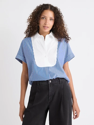 Blouse en Popeline Rayée à Manches Très Courtes et Col Chemisier