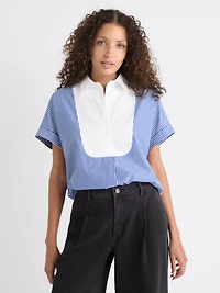 Blouse en Popeline Rayée à Manches Très Courtes et Col Chemisier
