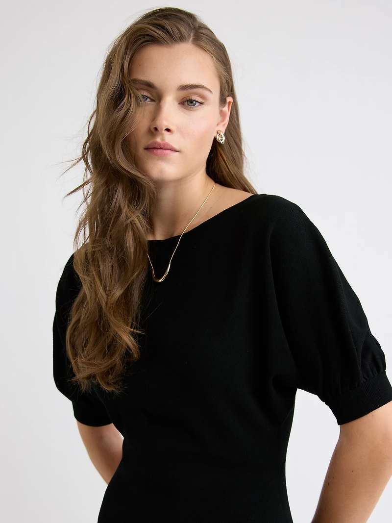 Elbow-Sleeve Boat-Neck Midi Sweater Dress