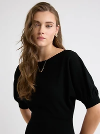 Elbow-Sleeve Boat-Neck Midi Sweater Dress