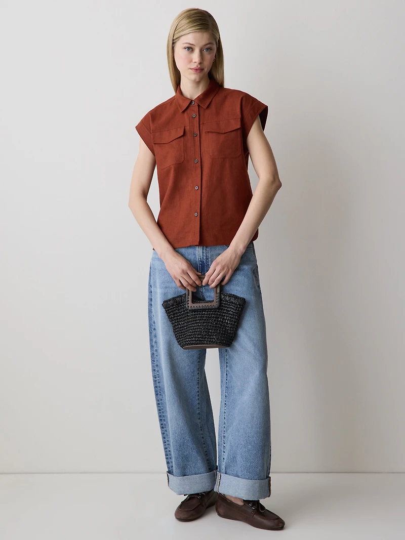 Linen-Blend Extended-Sleeve Blouse with Shirt Collar