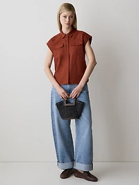 Linen-Blend Extended-Sleeve Blouse with Shirt Collar