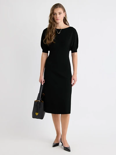 Elbow-Sleeve Boat-Neck Midi Sweater Dress