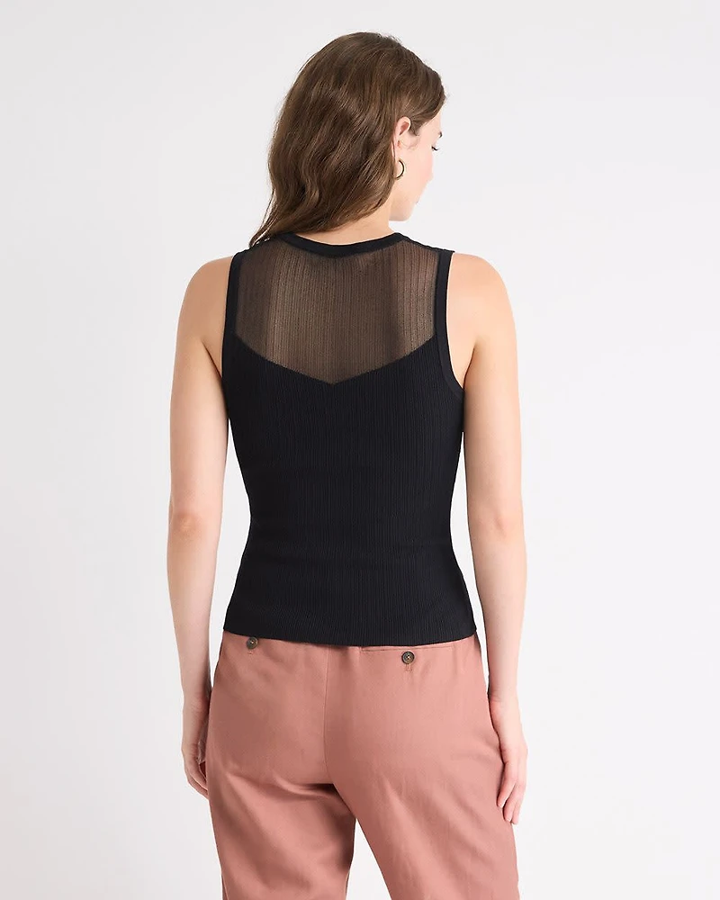 Crew-Neck Ribbed Cami with Sheer Yoke