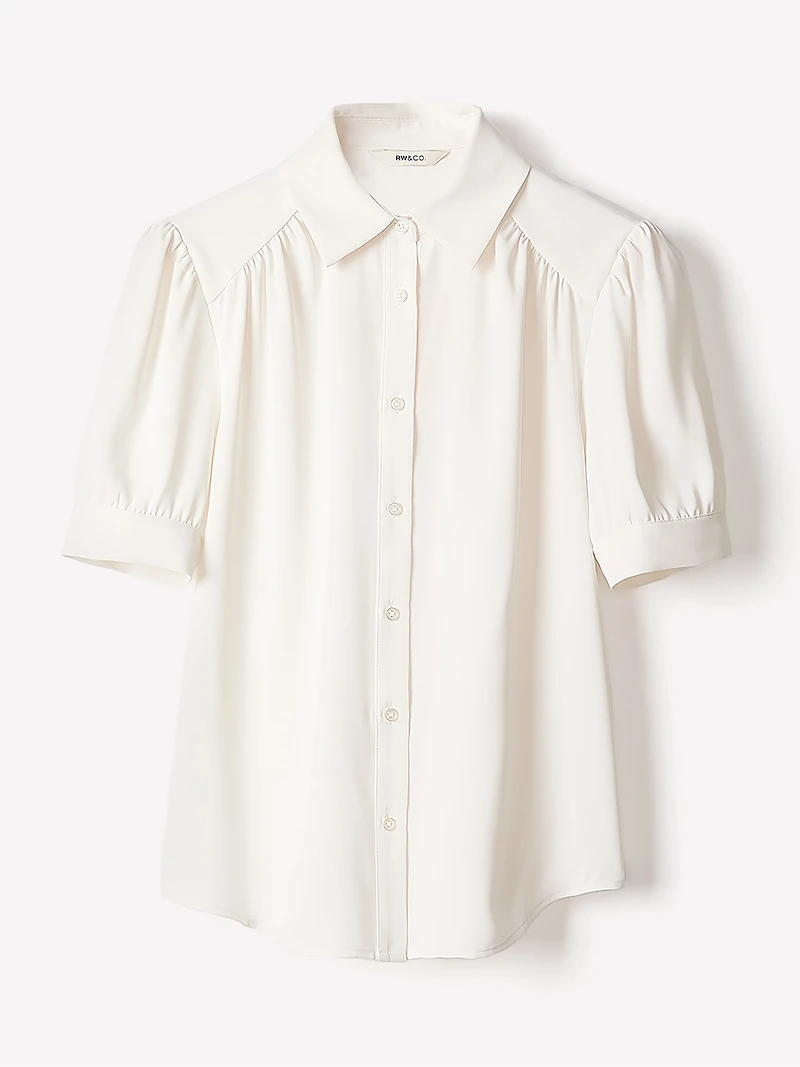 Silky Crepe Short-Sleeve Buttoned-Down Blouse