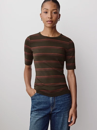 Elbow-Sleeve Crew-Neck Ribbed Tee
