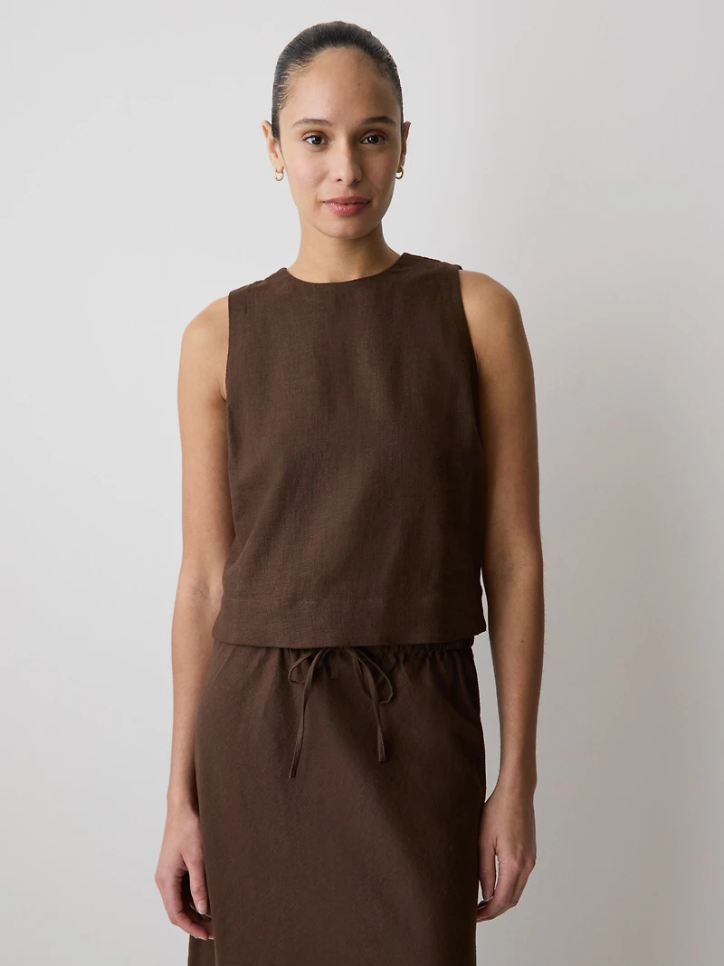 Blouse Sans Manches à Col Rond en Mélange de Lin