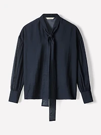 Long-Sleeve V-Neck Blouse with Ribbon at Neckline