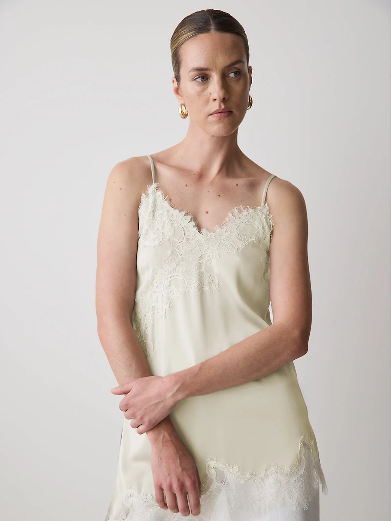 Blouse Sans Manches à Col V en Satin avec Garnitures Dentelle