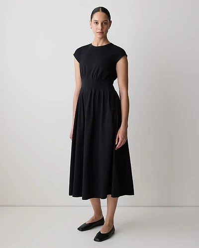 Extended-Sleeve Crew-Neck Midi Dress with Pintucks