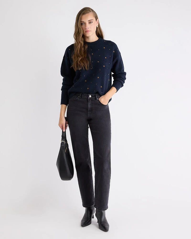 Long-Sleeve Crew-Neck Sweater with Embroidered Pattern