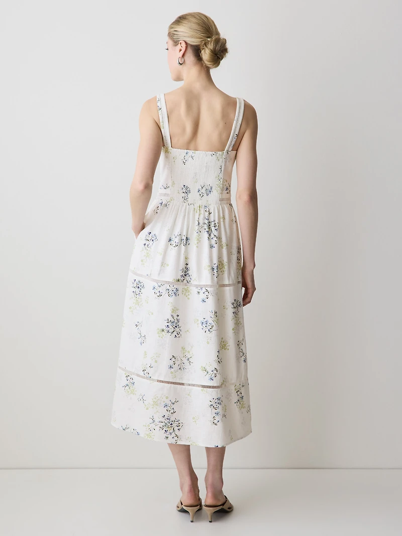 Robe Midi Sans Manches à Col Carré en Mélange de Lin
