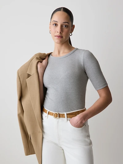 Elbow-Sleeve Crew-Neck Ribbed Tee