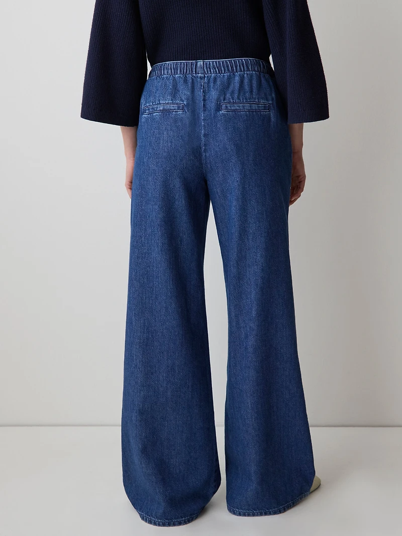 Pantalon en Denim à Jambe Large avec Taille Élastique