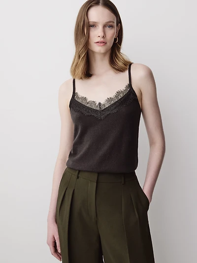 Camisole en Laine Mérinos à Col V avec Garniture Dentelle