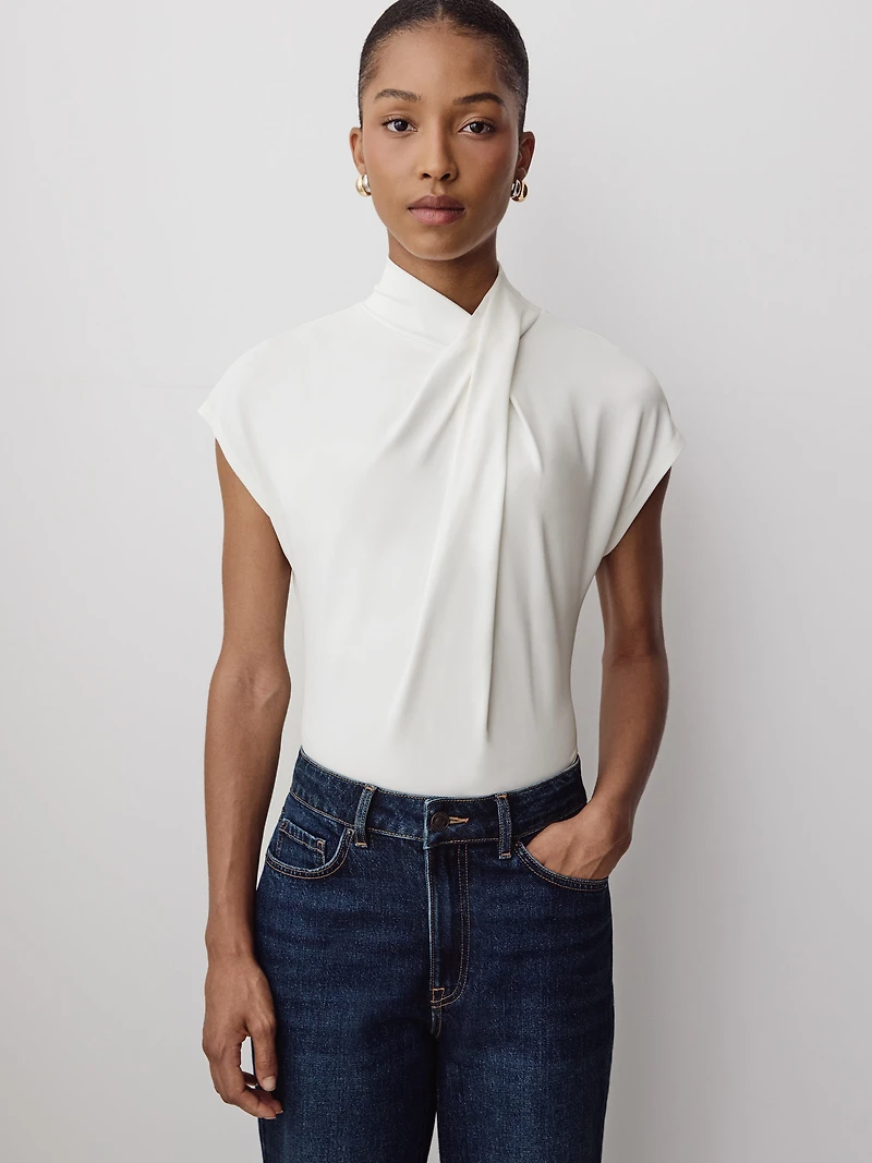 Extended-Sleeve Top with Crossover Draped Mock Neckline