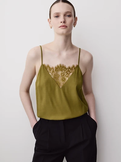V-Neck Twill Cami with Lace Insert