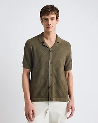 Short-Sleeve Buttoned-Down Argyle Sweater with Camp Collar