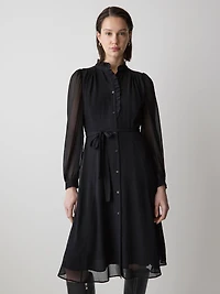 Robe Midi Boutonnée à Manches Longues et Col Montant