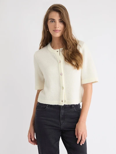 Cardigan en Laine à Manches aux Coudes et Col Rond