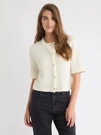 Cardigan en Laine à Manches aux Coudes et Col Rond