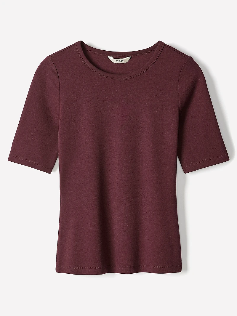 T-Shirt Côtelé à Manches aux Coudes et Col Rond