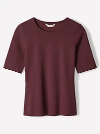 T-Shirt Côtelé à Manches aux Coudes et Col Rond