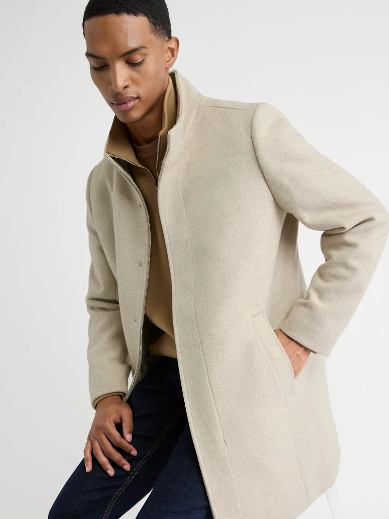 Manteau Classique en Laine Unie à Col Montant avec Plastron