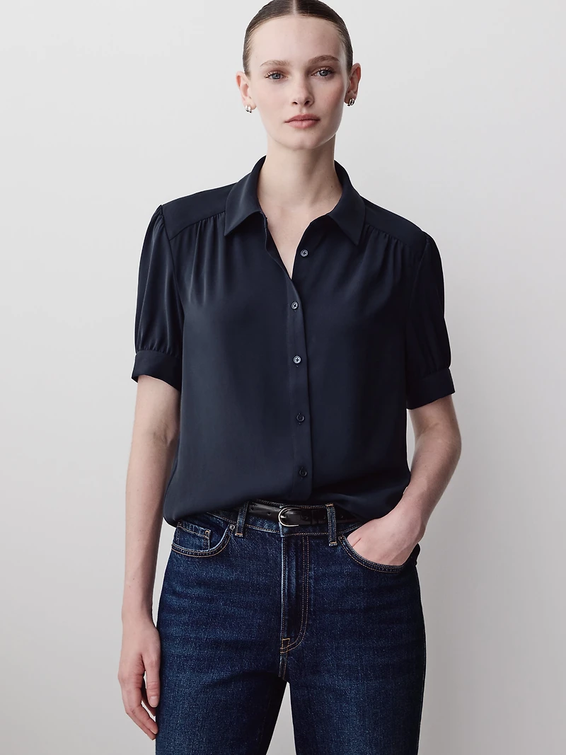 Silky Crepe Short-Sleeve Buttoned-Down Blouse