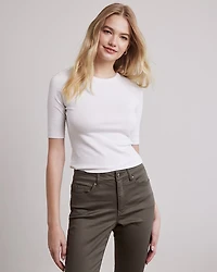 T-Shirt Ajusté à Manches aux Coudes et Col Rond