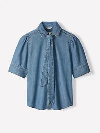 Blouse en Denim à Manches Courtes et Col Chemisier