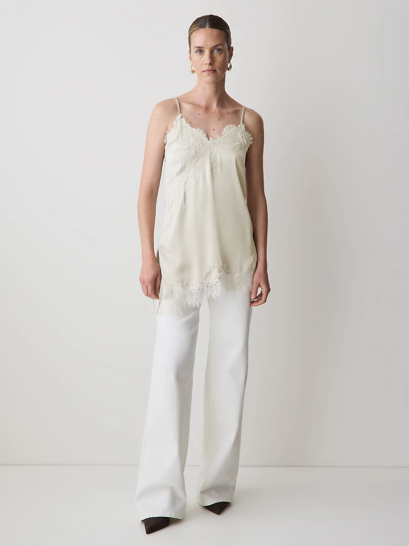 Blouse Sans Manches à Col V en Satin avec Garnitures Dentelle