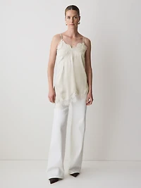 Blouse Sans Manches à Col V en Satin avec Garnitures Dentelle