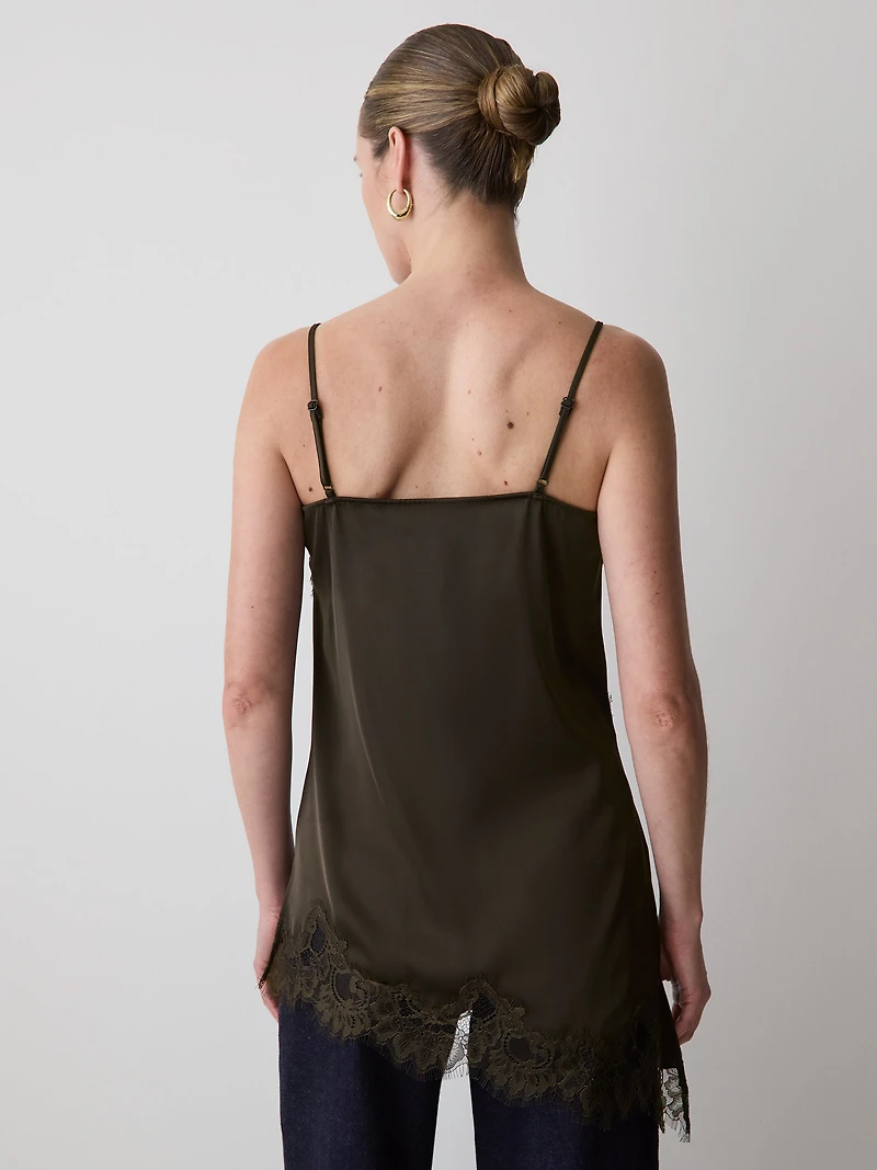 Sleeveless V-Neck Satin Blouse with Lace Trims