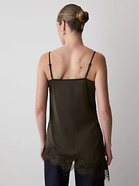 Sleeveless V-Neck Satin Blouse with Lace Trims